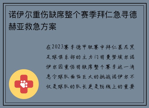 诺伊尔重伤缺席整个赛季拜仁急寻德赫亚救急方案